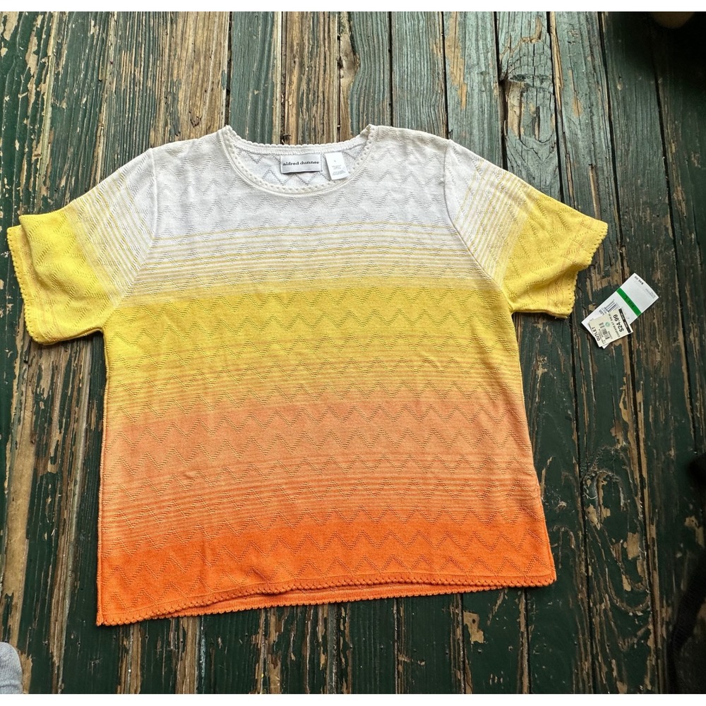 Alfred Dunner Womens Large Ombre Chevron Knit Short Sleeve Sweater Orange Yellow